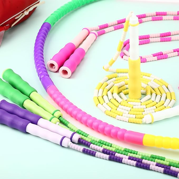 HyDren 16 PCS Detachable Hoop and Jump Rope Set Include 8 Soft Beaded Skipping Rope and 8 Adjustable Size Length Plastic Hoops for Party Game, Playing Exercise Fitness Equipment, Dog Agility Equipment