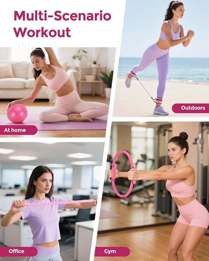 Home Pilates Essentials Kit for Women, Magic Circle Pilates Equipment Ring and Ball Set, 6 Resistance Bands Workout Guide Video for 28 Day Pilates Essential Challenge Starter Kit for Beginners