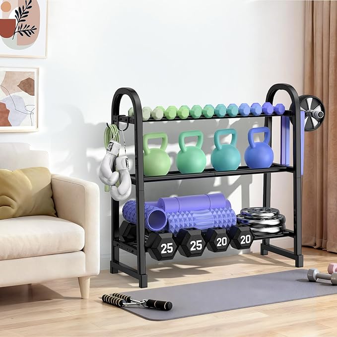 3 Tier Dumbble Rack - 360LB Capacity Adjustable Dumbbell Storage Rack Space-Saving Home Gym Weight Rack For Dumbbells And Kettlebells With Hooks (Dumbbell Rack Stand Only)