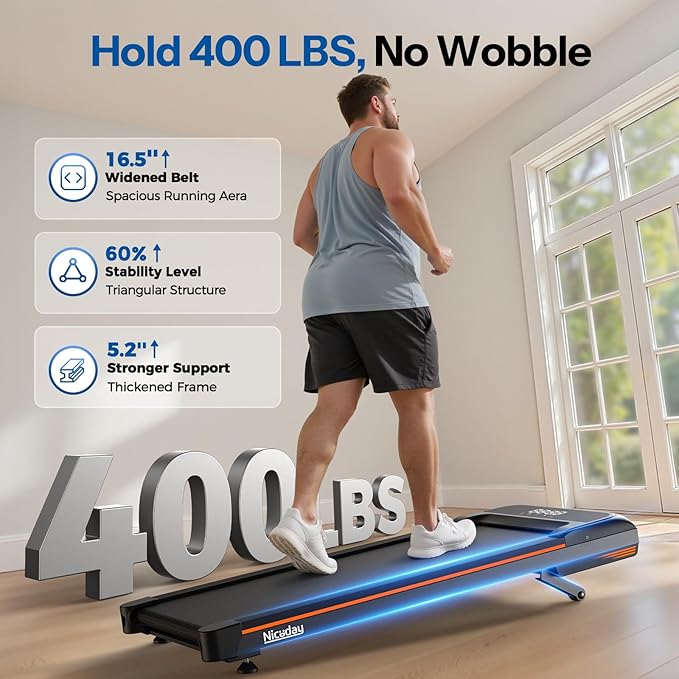 Niceday Walking Pad Treadmill with 10% Auto Incline, 400lbs Capacity, Under Desk Treadmill for Home Office, 16.5" Widened Running Belt, 3HP Super Quiet Brushless, Magnetic Remote & Preset Goals