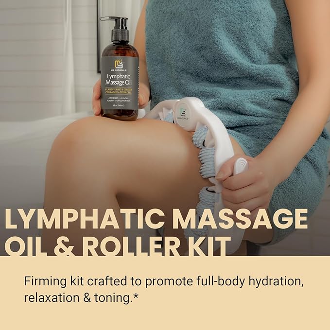 Lymphatic Massage Oil & Roller Kit for Massage Therapy - Ylang Ylang & Ginger Lymphatic Drainage Oil & Massager for Circulation & Detox Support, Non-Greasy Formula & Easy to Use Roller (8 Fl Oz) by M3