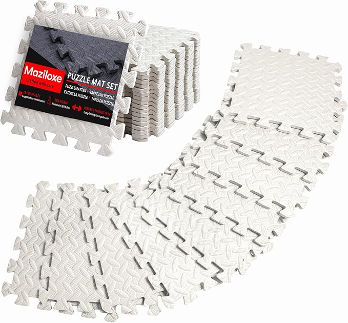 18 Pack Interlocking Gym Flooring Mats for Home Gym, 0.4 Inch Thick Non-Slip EVA Foam Puzzle Exercise Tiles with Edge Strips, Shock Absorption for Workout, Yoga, Treadmill, Garage, Basement