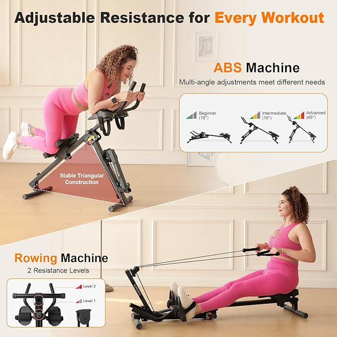 TOUSAINS 3 in 1 Adjustable AB Machine for Stomach Workout with 3 Heights, Foldable Rowing Machine for Home Gym with Comfortable seat & LCD Display Monitor, 265lbs Weight Capacity