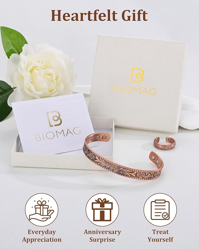 BioMag 99.99% Pure Copper Bracelet&Ring for Men and Women, Adjustable Magnetic Bracelet & Ring with 3500 Gauss Magnets, Vintage Flower Design, Jewelry Christmas Gift