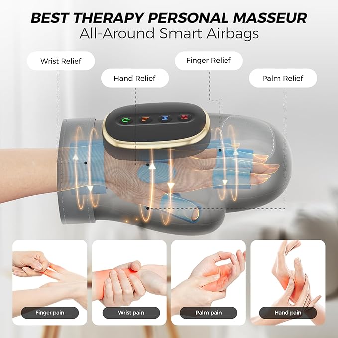 WUX Hand Massager with Heat Compression Relief, 3 Massage 4 Temperatures 5 Compression Models Therapy Glove, Arthritis & Wrist Carpal Tunnel Muscles Pressure Point Therapy, Ideal Gifts for Women/Men