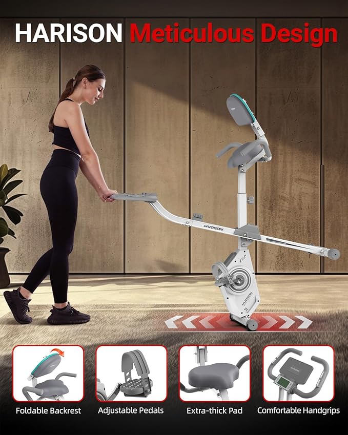 HARISON Folding Exercise Bike 350 LBS Capacity, 5 in 1 Bluetooth Stationary Bikes for Home with 16-Level Resistance and Arm Resistance Bands, Magnetic X-Bike with LCD Monitor & Back Support