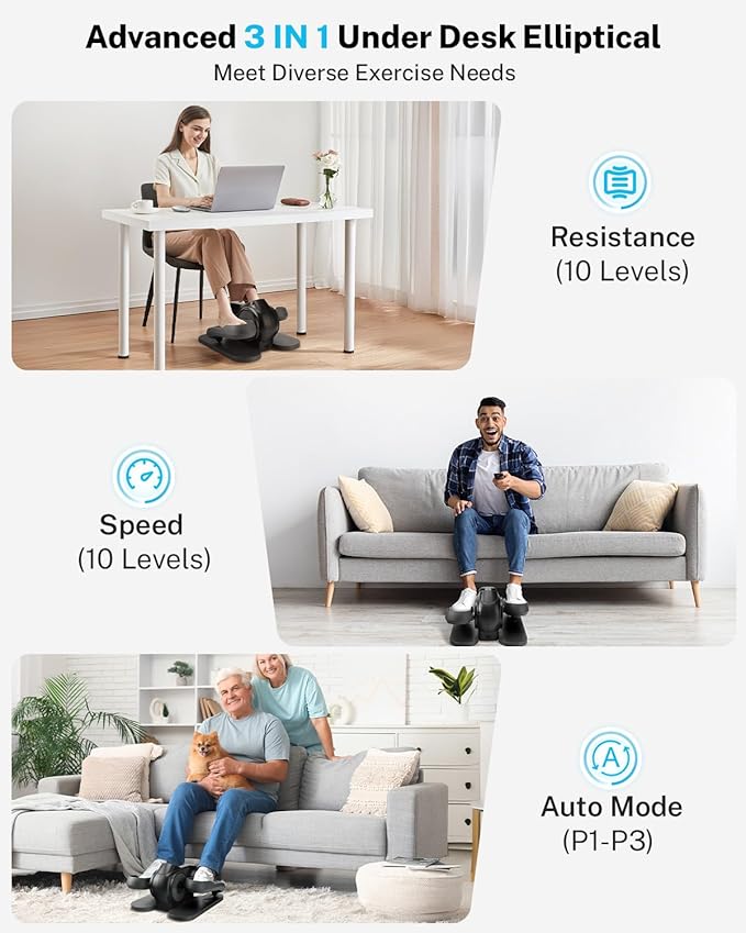 Gonex Under Desk Elliptical Exercise Machine Electric Sitting Seated Leg Pedal Exerciser with Resistance for Seniors Elderly Home 3 in 1 Mini Equipment with Remote 10 Manual Resistance 10 Auto Speeds