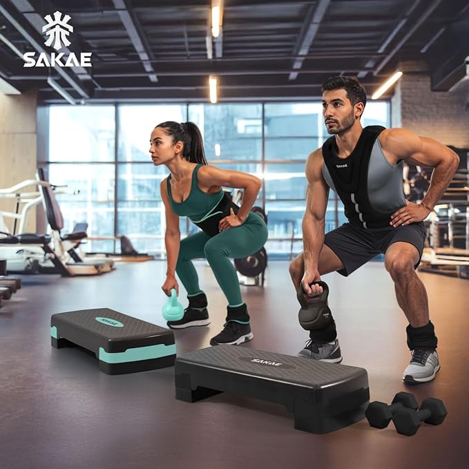 SAKAE Step Aerobics Platform Set with Kettlebell & Measuring Tape, Aerobic Steppers for Exercise at Home, Adjustable Height 2 Level Risers Workout Step Trainer with Non-Slip Surface, Multiple Colors