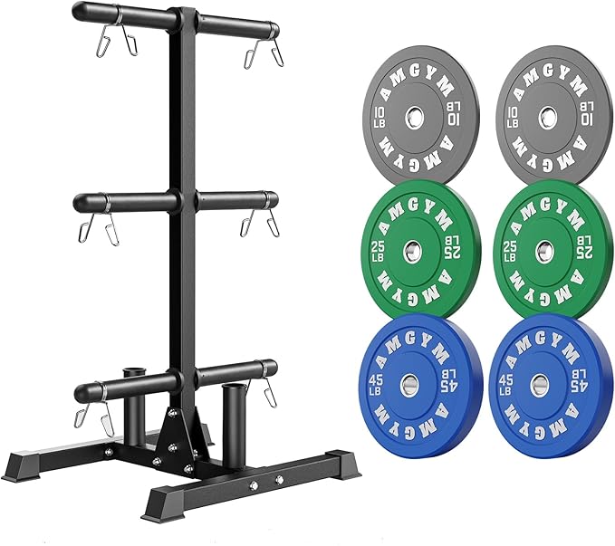 Weight Plate Tree Rack & Weight Set, Strength Training Plate Storage Stand and Barbell Holders for Home Gym, 1100 lb Weight Capacity, Fits Both 1" and 2" Bumper Plates