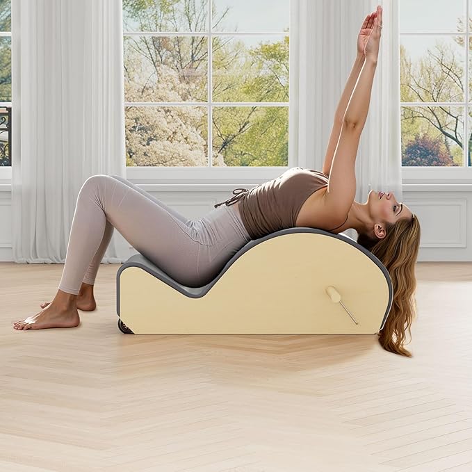 Wooden Gray Pilates Arc with Spine Corrector for Core Strengthening Back Pain Relief, Pilates Spinal Corrector Arch Barrel for Back Flexibility，at Home Reformer Pilates Posture