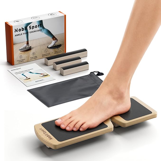 Ankle Balance Board for Plantar Fasciitis & Achilles - Wooden Single Leg Foot Strengthener & Stability Trainer for Office Desk, Rehab & Runners - 16-Exercise Guide & Bag