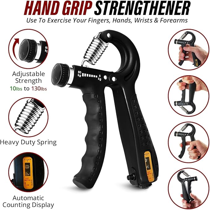 Hand Strength Kit With Finger Exerciser, Stretcher, Forearm Grip Adjustable Gripper, Exercise Ring and Stress Relief Ball for Athletes Muscle Trainer. Black