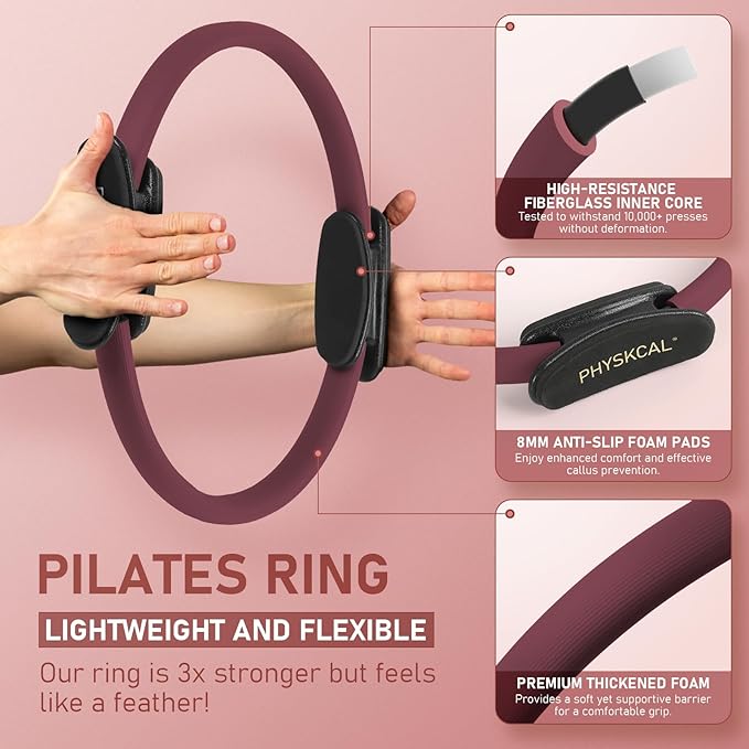 Pilates Ring, 15-Inch Magic Circle with Extra Thick Padded Handles, Pilates Equipment for Toning Inner Thighs, Arms and Strengthening Cores- Workout Guide Included