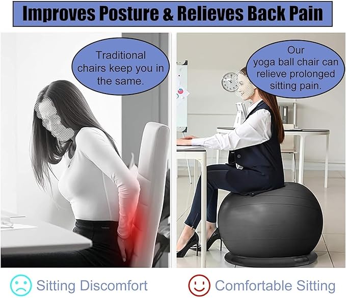 Yoga Ball Chair,Yoga Ball，Exercise Ball, Office Ball Chair with Base & Pump Stability Yoga Ball Seat for Back Pain Relief Home Gym Exercise Ball Chair for Core Strength Training(Green,Diameter 55cm (