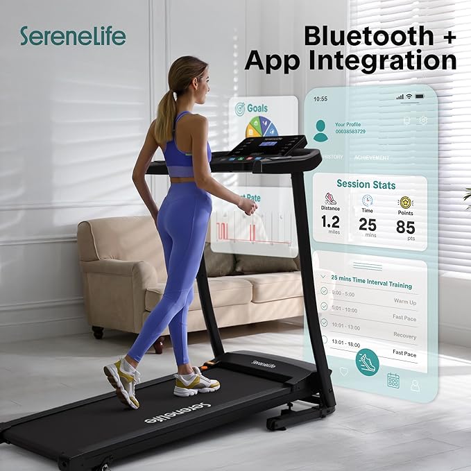 SereneLife Treadmills for Home with 13% Manual Incline Treadmill, 3.5HP - Compact Digital Portable Foldable Treadmill with Speakers, Bluetooth, App Sync, Heart Rate Monitor, for Walking, Running, Gym