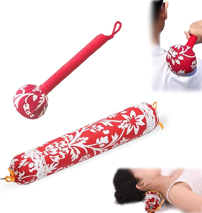 2pcs Manual Massage Tools,Manual Whole Body Wormwood Massage Hammer(12in)& Mugwort Pillow(15in), Lymphatic Drainage Tool,Back Knock Long Handheld Massage Stick for Back Pain Relief (Red)