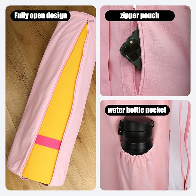 Cotton yoga mat bag with Pockets and Adjustable Strap - Full Zip Cargo Yoga Mat Carrier Bag - Bag for 1/4" 1/3" Thick Yoga Mat
