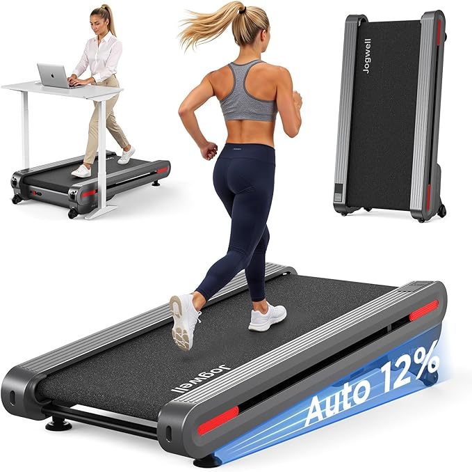 Jogwell Walking Pad Treadmill with 20%/15%/12% Auto Incline, 350lbs Capacity Treadmills for Home Office Under 35dB, Spacious Running Area, Vertical Storage, 3/3.5HP Brushless