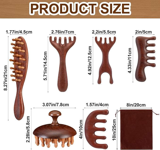 6 Pcs Natural Wooden Scalp Massager Comb Tool Set with Flocked Storage Bag Scalp Massage Tool for Stress Relief, Gua Sha & Therapy for Women Men Hair Growth Body Therapy