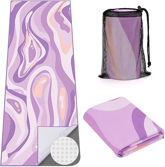 Yoga Mat Towel Cover with Large Corner Pockets, Non Slip Grip Microfiber Mat Cover Mat for Hot Yoga, Pilates and Gym Workout, 74" L x 26" W, Purple