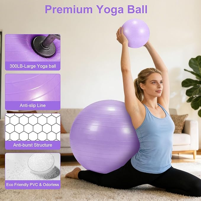 4Pcs Yoga Ball Set includes Large and 9in Pilates Balls, Massage & Spiky Ball for Fitness ,Anti-Burst Exercise Ball with Pumb for Pregnancy,Physical Therapy,Office Chair, Home Workout,3Sizes,3Colors