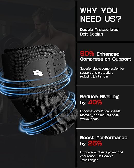 Jaffick Elbow Wraps for Weightlifting (1 Pair) - Double-Layer Reinforced 40'' Elastic Elbow Brace Compression Strap & Gym Joint Support Brace - for Bench Press, Powerlifting, and Pressing