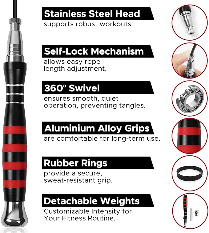 Speed Weighted Jump Rope with Secure Lock Mechanism, 360° Smooth Swivel, Non-Slip Matte Textured Handles, Features 2 Performance Cords for Effective Fitness Workouts
