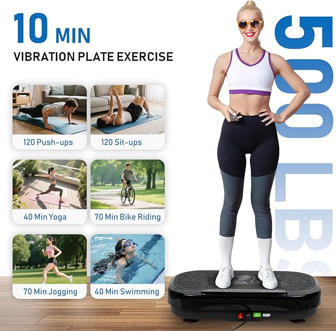 Vibration Plate Exercise Machine, 500 Lbs Capacity, with Bluetooth and LED Display, 999 Speeds Workout Vibrating Plate for Lymphatic Drainage Weight Loss, 4pc Loop Bands and 10pc Resistance Bands