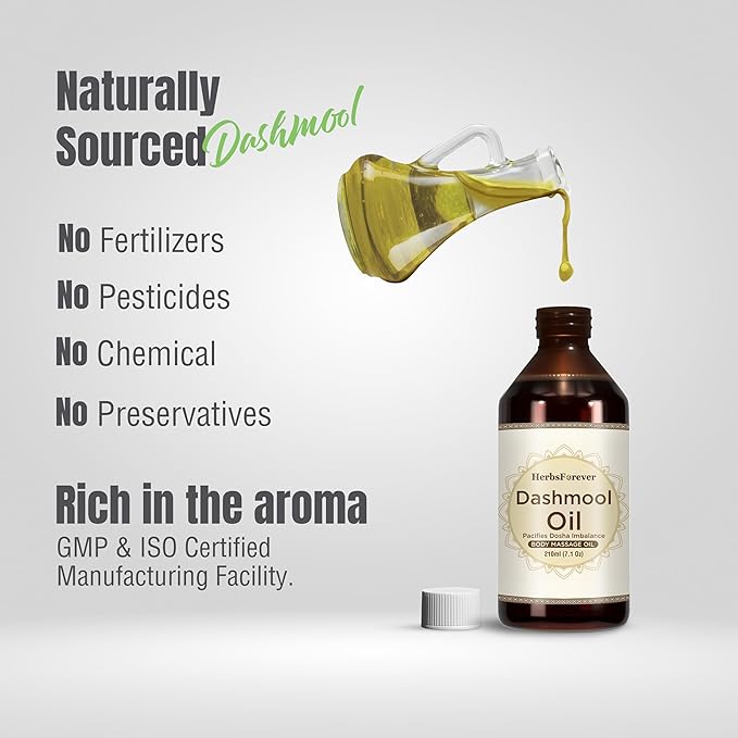 Herbsforever Dashmula Oil-Authentic Ten-Herb Roots Infused in Cold-Pressed Sesame Body Massage Oil | Vata Calming, Pain Relief, Joint Comfort, Muscle Sore, Postpartum Winter Chills|7.1fl oz, 210 ml