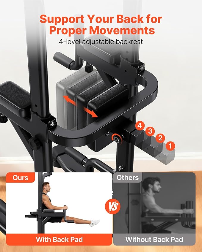 VEVOR Pull Up Bar, 330 LBS Power Tower Dip Station, Workout Dip Station with H-Shaped Stable Base & Back Pad, Adjustable 12 Level Height Free Standing Chin Up Bar for Back, 4-Level Adjustable Back Pad