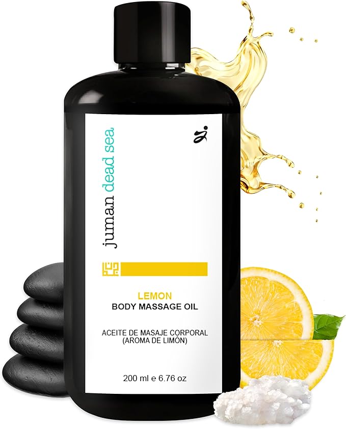 Juman Dead Sea Therapeutic Body Massage Oil | Lemon Scented | Enriched with Olive, Sweet Almond and Other Essential Oils | Relaxing, Massage Oil | for Silky & Softer Skin | Body Moisturizer | 6.76 OZ