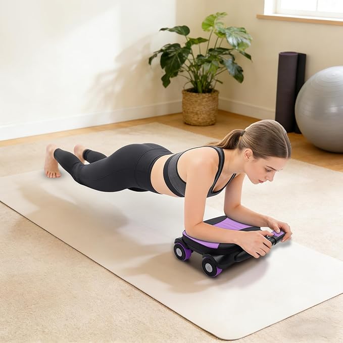 AB Roller Wheel, Four-Wheel Abdominal Roller with Elbow Support, 17.1x16.1in Abdominal Core Training 4 Wheel Roller Equipment, Foldable Dual Handles, Built-In Phone Holder