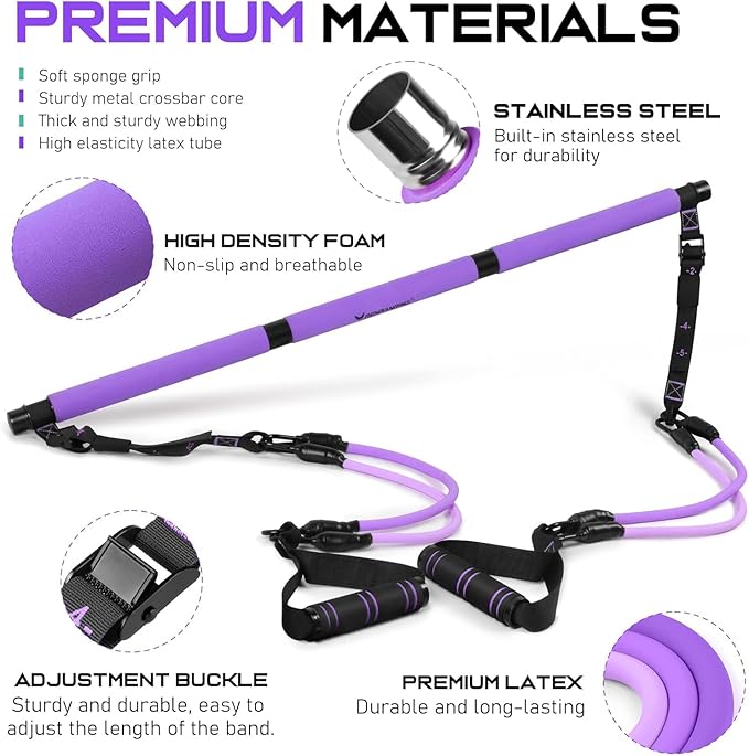 Pilates Bar Kit with Resistance Bands, Multifunctional Pilates Bar for Women & Men with Heavy-Duty Metal Adjustment Buckle, Pilates Home Equipment for Full BodyWorkouts