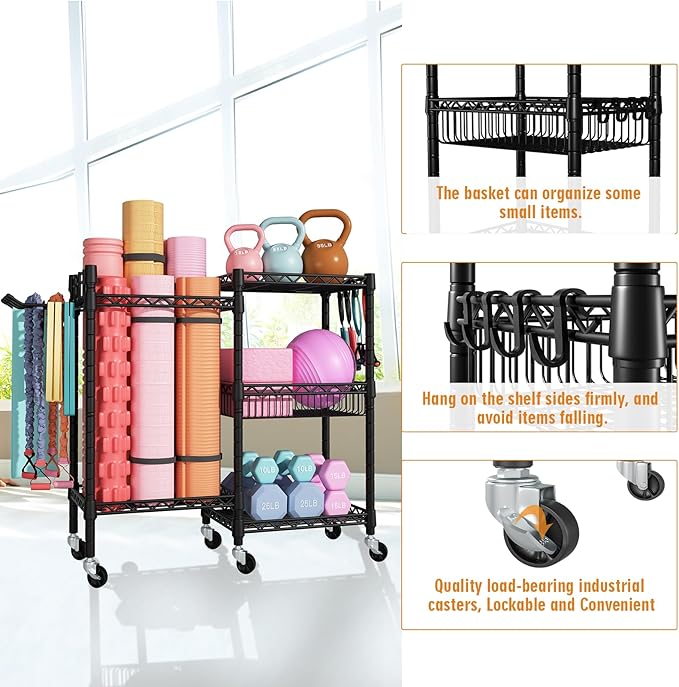 FUTASSI Home Gym Storage, 3 Tiers Workout Equipment Organizer with Wheels for Yoga Mats, Foam Roller, Dumbbells, Kettlebells, and Resistance Bands