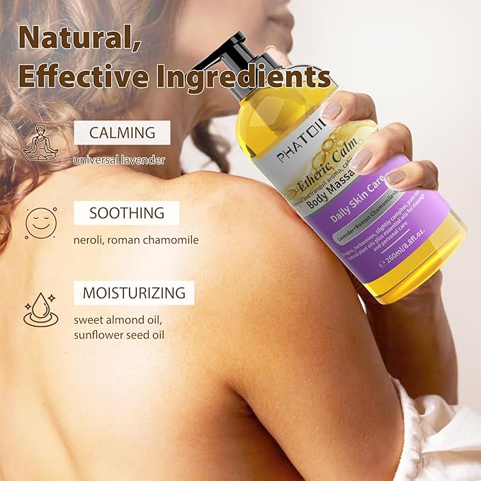 PHATOIL Etheric Calm Body Massage Oil 260 ml (8.8 fl.oz), Blends of Natural Plant Oils & Lavender Oil, Roman Chamomile and Neroli Essential Oil for Massage Skin Care, Body Oils for Women and Men