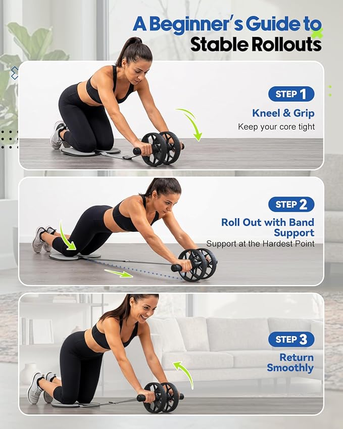 VINSGUIR Ab Roller Wheel for Beginners to Pros, Ab Roller with Adjustable & Detachable Resistance Band, Core Workout Equipment for Home Gym, Abdominal Wheel with Exercise Guide and Knee Pad, Men Women