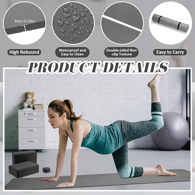 Liliful 10 Pcs Yoga Starter Kit Include 6mm Yoga Mat with Carry Strap, 2 Blocks, 65cm Pilates Ball, Stretch Strap, 5 Resistance Bands with Air Pump Home Workout Set for Beginners Women Men Gym