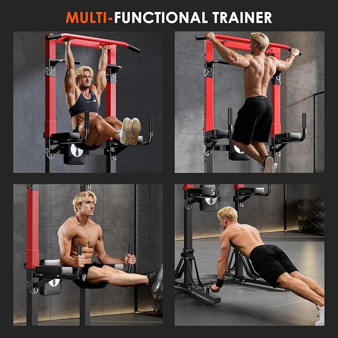 soges Foldable Power Tower, Pull Up Bar Station for Home Gym, Power Tower with Adjustable Height & Padded Armrests, Dip Station for Full Body Workout, Strength Training Equipment, 330 LBS