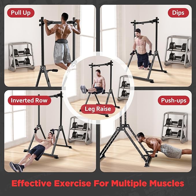 Folding Power Tower Dip Station Pull Up Bar, Multifunctional Pull Up Tower Adjustable Height, Triangular Structure Strength Training Workout Equipment for Home Gym Fitness