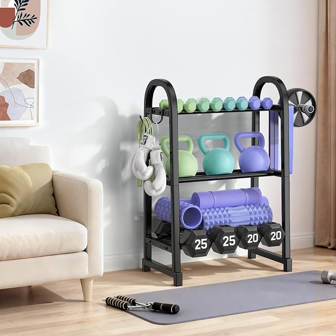 3 Tier Dumbble Rack - 360LB Capacity Adjustable Dumbbell Storage Rack Space-Saving Home Gym Weight Rack For Dumbbells And Kettlebells With Hooks (Dumbbell Rack Stand Only)