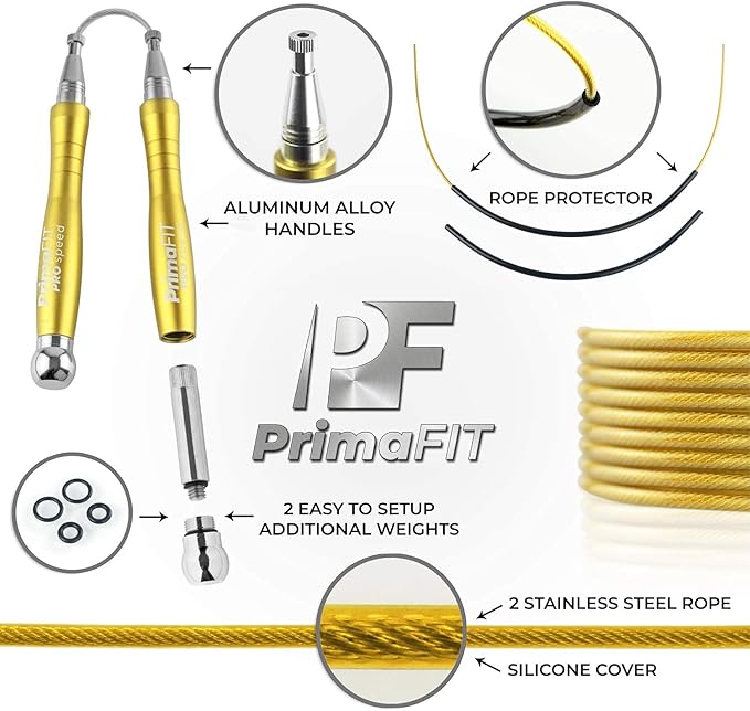 PrimaFIT Jump Rope Pro Speed Skipping Rope Adjustable Adult Jumping Rope Weighted Aluminium Handles for Double Dutch Boxing Workout Crossfit Exercise Fitness Spare Cable Weights Protectors Carry Bag