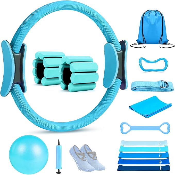 Pilates Ring Set 15 PCS, Home Pilates Essentials Kit for Women, 12" Pilates Ring and 9" Ball Set, Pilates Kit with Ankle Weights 2LB, Resistance Bands, for Toning & Better Me Gifts