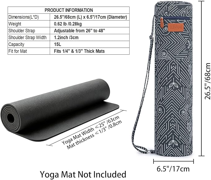 Canvas Yoga Mat Bag with Adjustable Strap & Pockets, Full-Zip Travel Gym Tote for Women & Men, Fits 1/4" & 1/3" Thick Mats, Lightweight Carrier for Yoga, Studio, Workout, Outdoor Use