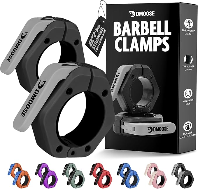 DMoose Fitness Barbell Clips 2 Inch (Pair) - Quick Release Olympic Barbell Clamps & Collars with Anti Slip TPR Grip for Secure Weightlifting and Powerlifting - Weight Clips for Bars at Home or Gym