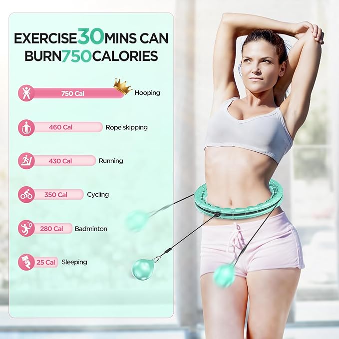 Weighted Exercise Hoop Plus Size, 32 Detachable Knots for Adults & Beginners, 2 in 1 Abdomen Fitness Massage Non Fall Smart Hooola Hoop with Auto Spinning Ball