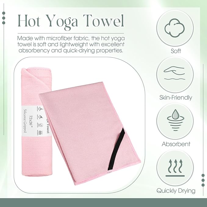 3 Pack Non Slip Hot Yoga Mat Towel with Grip Dot and Secure Fit Elastic Straps 72" x 26" Microfiber Yoga Towel Absorbent Sweat for Pilates Fitness(Morandi Pink Blue Green)