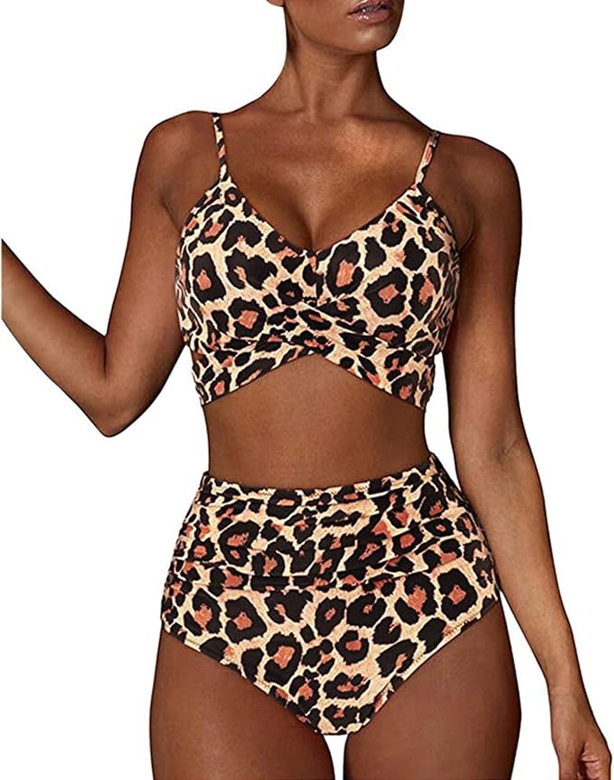 Womens Front Cross Ruched Bikini Set Twist Wrap Swimwear High Waisted Bottoms Print Straps Push Up Swimsuits