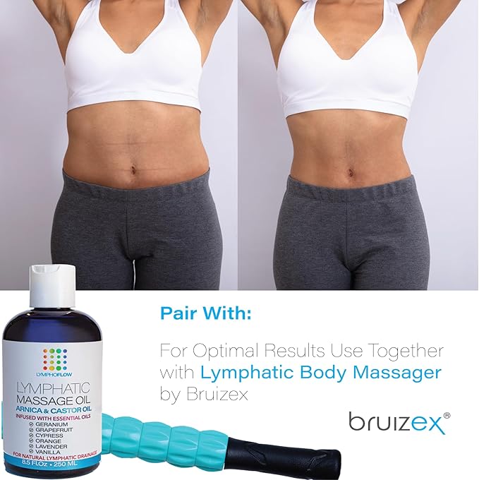 Bruizex Lymphatic Drainage Massage Oil with Arnica & Cold Pressed Castor Oil, Lightweight Non-Greasy Body Massage Oil for Daily Lymphatic Massage, Aftercare Routine, Lightweight Formula - 8.5 Oz