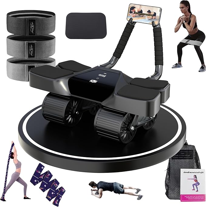 Ab Roller Home Gym Equipment – 4 Wheels Ab Wheel Muscle Roller with LCD Screen, Yoga Stretching Strap, 3 Resistance Bands – Comfortable Elbow Support with Non-Slip Handles – Time and Calorie Count