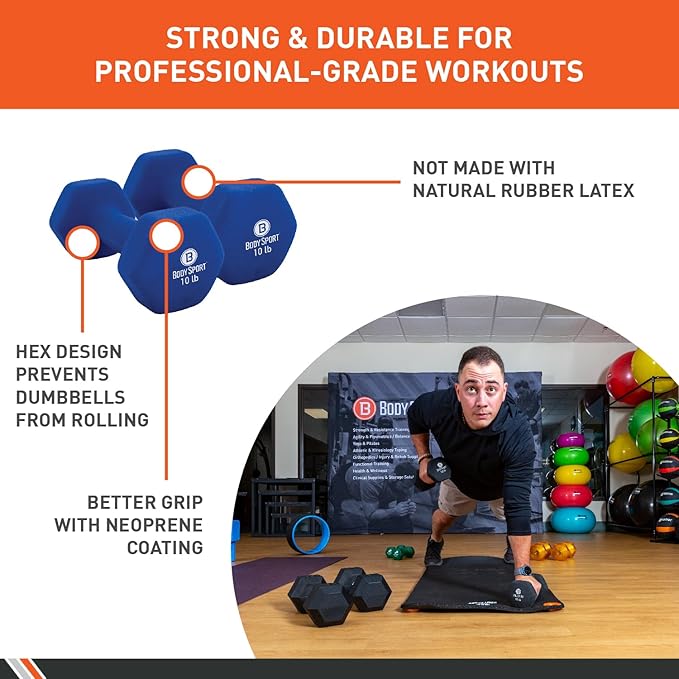 Body Sport Neoprene Dumbbell Weight - Latex-Free, Strength Training Equipment for Home Fitness & Gym Workouts